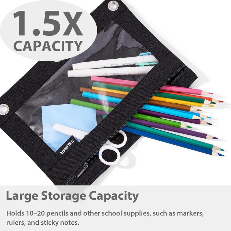 SPACEMATE 2 Pack Binder Pencil Pouch Case Box Bag for 3 Ring Binder School Supplies Girls Boys Kids, Clear Preppy Stuff Large Aesthetic Pen Organizer, Back to College Stationary, Coal Black - Image 2